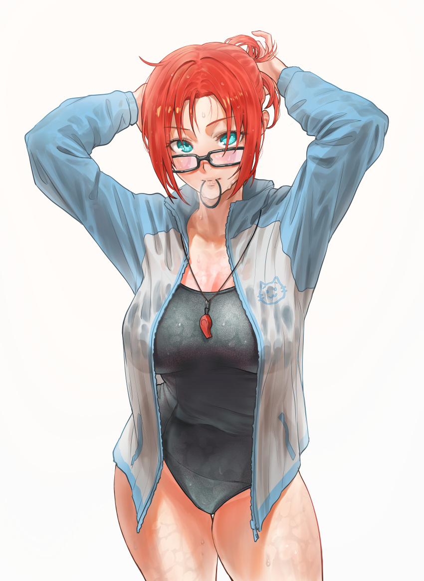 1girl absurdres aqua_eyes black-framed_eyewear blue_one-piece_swimsuit boudica_(fate) breasts breath closed_mouth commentary_request fate/grand_order fate_(series) glasses hair_tie hair_tie_in_mouth highres jacket large_breasts lips looking_at_viewer mouth_hold official_alternate_costume one-piece_swimsuit open_clothes open_jacket pink_lips red_hair short_hair simple_background solo swimsuit tonko_from track_jacket tying_hair wet whistle whistle_around_neck white_background