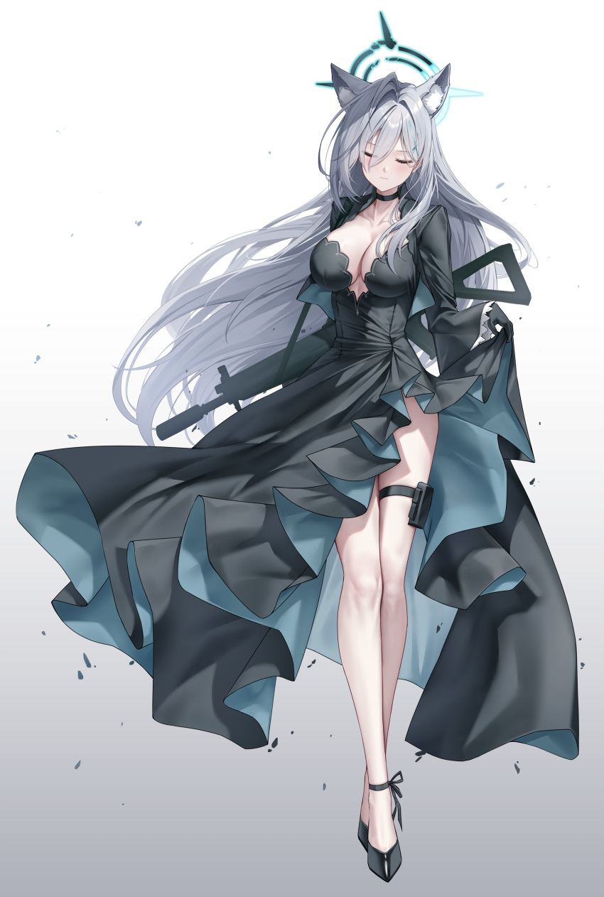 1girl absurdres animal_ear_fluff animal_ears assault_rifle black_dress black_footwear black_gloves blue_archive blush breasts cleavage closed_mouth dress frilled_dress frills full_body gloves grey_background grey_hair gun high_heels highres holding holding_gun holding_weapon large_breasts long_hair lunacle rifle shiroko_(blue_archive) shiroko_terror_(blue_archive) side_slit sig_556 sig_sauer simple_background skirt_hold solo standing thigh_strap weapon white_background wolf_ears wolf_girl