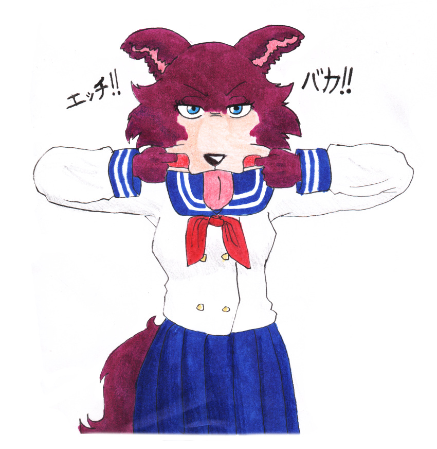 absurd_res angry anthro beastars canid canine canis cheek_tuft clothed clothing efradraws exposed_shoulder facial_tuft female hi_res japanese_text juno_(beastars) long_snout mammal marker_(artwork) school_uniform smile smiling_at_viewer snout text tongue tongue_out traditional_media_(artwork) tuft uniform wolf