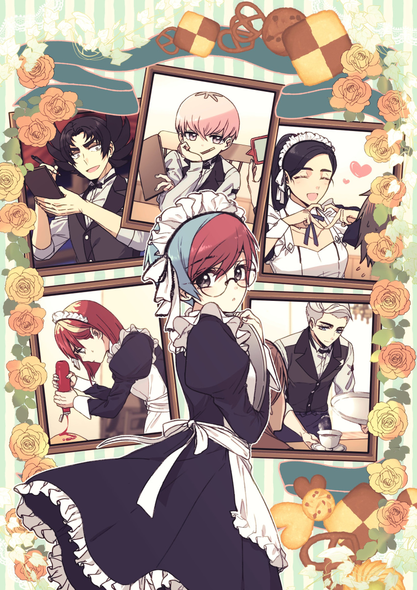 3boys 3girls absurdres apron atticus_(pokemon) black_hair blue_eyes blue_hair blush closed_eyes closed_mouth eri_(pokemon) giacomo_(pokemon) glasses highres holding holding_menu holding_tray long_hair looking_at_viewer mela_(pokemon) menu multicolored_hair multiple_boys multiple_girls neck_ribbon open_mouth ortega_(pokemon) penny_(pokemon) pink_hair pokemon pokemon_sv red_hair ribbon round_eyewear shirt short_hair smile suzukinoko1021 team_star tray two-tone_hair waistcoat waiter waitress