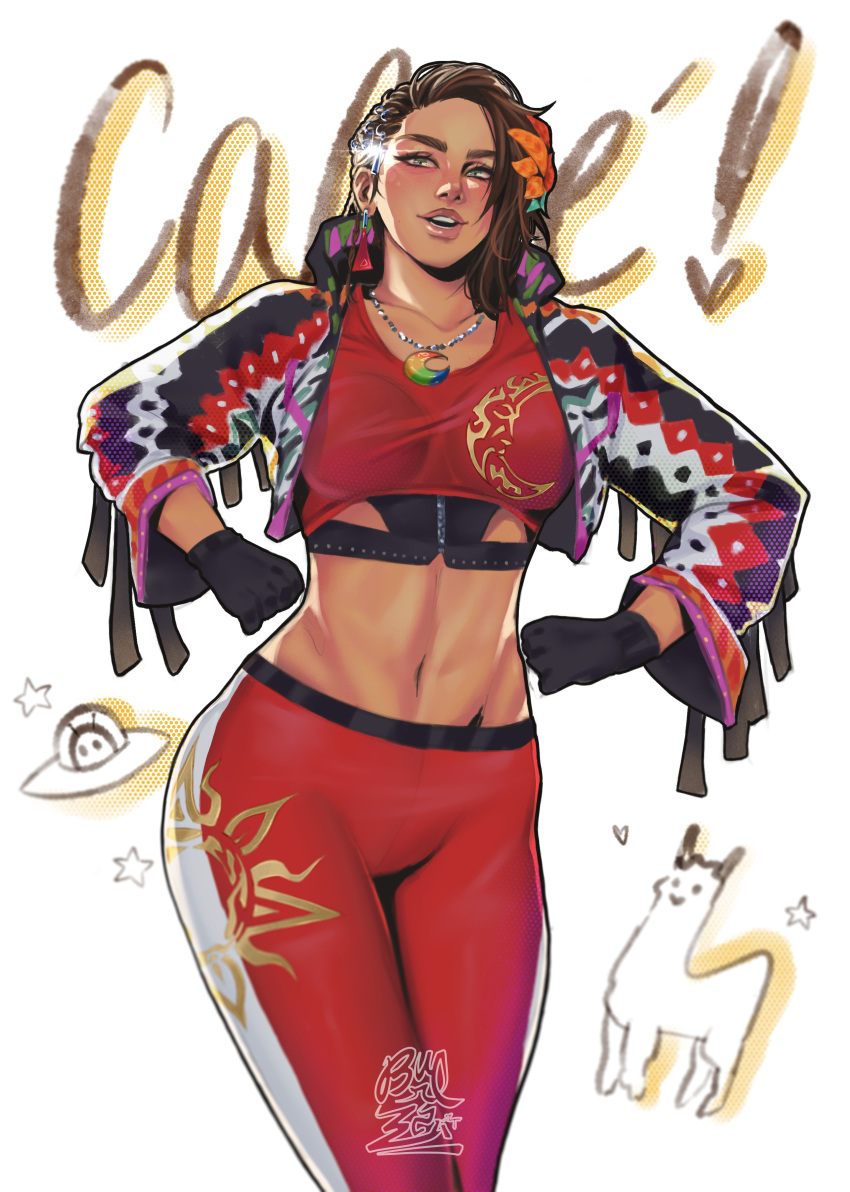 1girl absurdres asymmetrical_hair azucena_milagros_ortiz_castillo black_gloves burlesca_art crescent crescent_necklace cropped_jacket flower gloves hair_flower hair_ornament highres jacket jewelry navel necklace pants red_pants solo stomach tekken tekken_8 upper_body