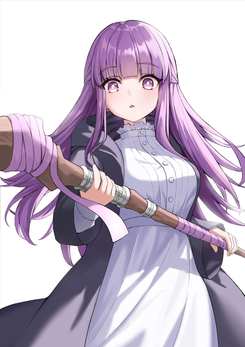 1girl :&lt; absurdres black_robe blunt_bangs blush breasts collar dress fern_(sousou_no_frieren) frilled_collar frills highres holding holding_wand long_hair long_sleeves looking_at_viewer medium_breasts open_mouth purple_eyes purple_hair purple_ribbon ribbon robe simple_background solo sousou_no_frieren triangle_mouth wand white_background white_dress