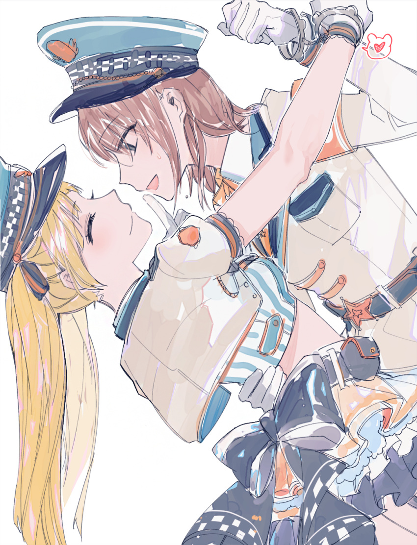 2girls bang_dream! belt belt_pouch black_bow blonde_hair blue_shirt bow brown_hair closed_mouth commentary_request cuffs fresa_pie gloves grey_eyes grey_jacket hand_on_another's_waist handcuffs heart highres jacket long_hair long_sleeves medium_hair multiple_girls okusawa_misaki pouch shared_handcuffs shirt short_sleeves simple_background skirt smile striped_clothes striped_shirt sweat tsurumaki_kokoro twintails white_background white_gloves white_jacket yuri
