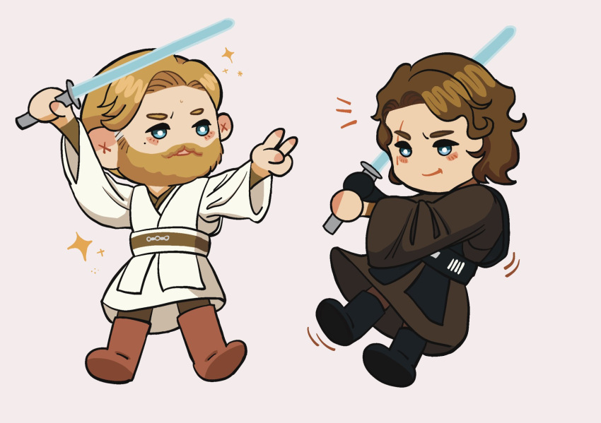 2boys anakin_skywalker beard blonde_hair brown_hair chibi energy_sword facial_hair highres holding holding_sword holding_weapon jedi lightsaber mole mole_under_eye multiple_boys obi-wan_kenobi sieclesdraws simple_background smile star_wars star_wars:_revenge_of_the_sith sword weapon