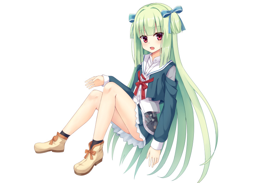 1girl absurdres arm_at_side blue_ribbon blunt_bangs blunt_ends blush chinese_commentary commentary_request cropped_jacket frilled_skirt frills from_side full_body green_hair green_jacket green_skirt hair_ribbon hand_up highres hime_cut jacket knees_up long_hair long_sleeves looking_at_viewer miniskirt murasame_(senren) official_alternate_costume open_clothes open_jacket open_mouth pleated_skirt red_eyes ribbon school_uniform senren_banka shoes shu_pian sidelocks simple_background sitting skirt smile solo straight_hair two_side_up very_long_hair white_background yellow_footwear
