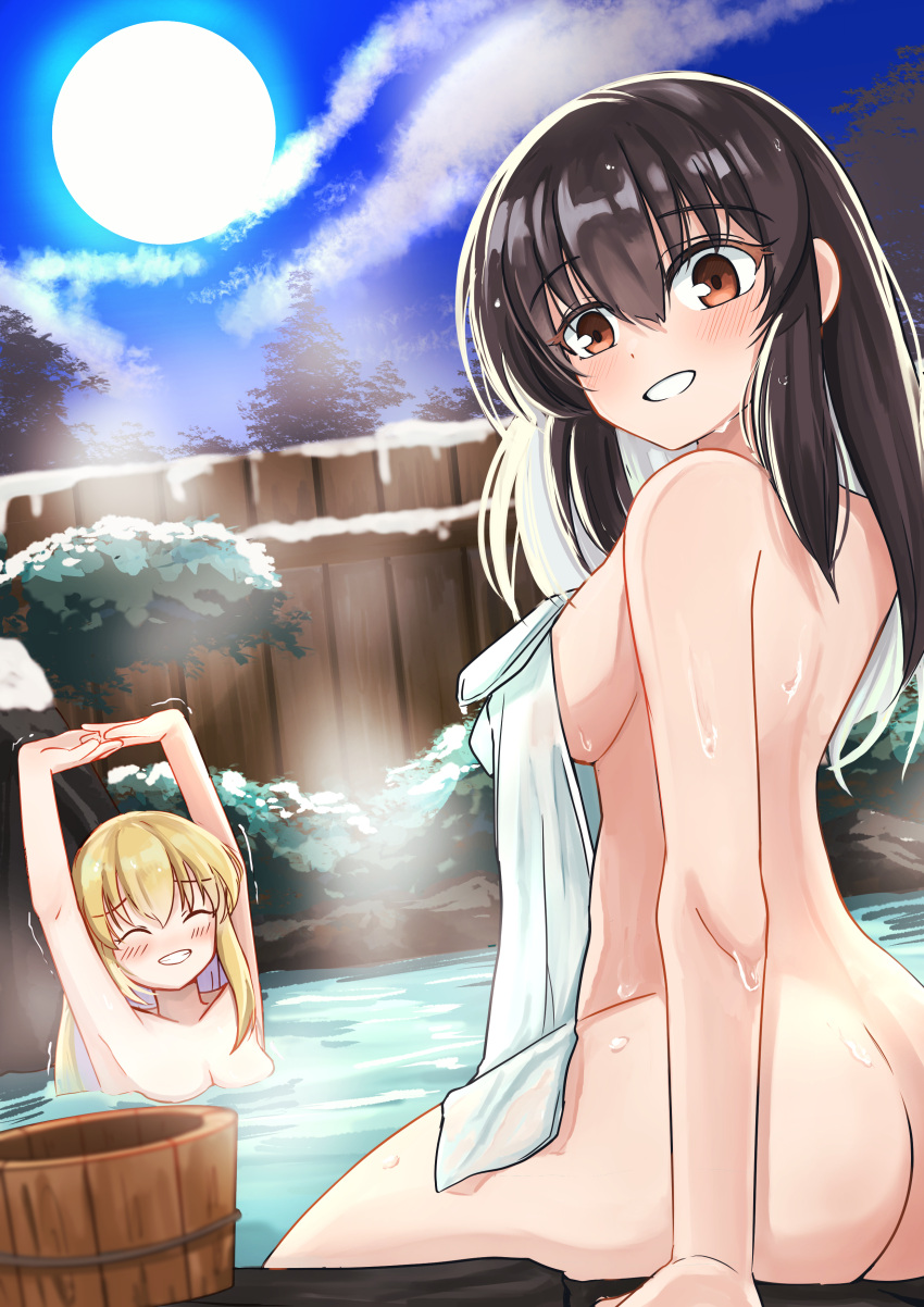 2girls absurdres armpits ass bath bathing blonde_hair blush breasts brown_eyes brown_hair bucket bush cleavage closed_eyes cloud full_moon grin hakurei_reimu highres kirisame_marisa long_hair looking_at_viewer moon multiple_girls naked_towel night nude onsen sideboob smile steam stretching touhou towel tree wet wooden_bucket yuuka_(a0240765)