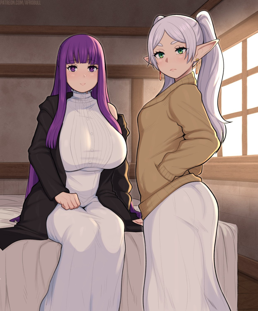 1girl 2girls afrobull blunt_bangs breasts closed_mouth dress earrings elf fern_(sousou_no_frieren) frieren green_eyes highres jewelry large_breasts long_hair long_sleeves looking_at_viewer multiple_girls parted_bangs pointy_ears purple_eyes purple_hair sousou_no_frieren twintails white_dress white_hair