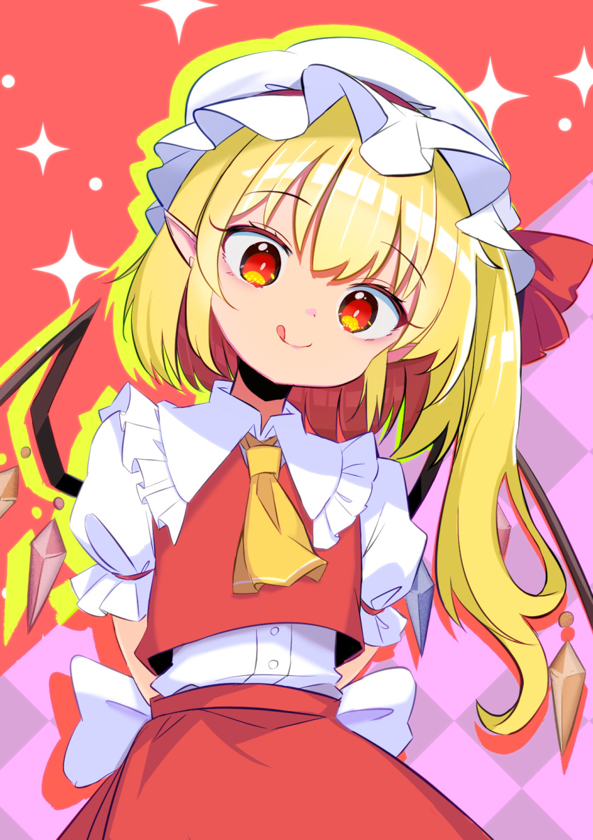 1girl arms_behind_back ascot blonde_hair blush closed_mouth collared_shirt crystal flandre_scarlet frilled_shirt_collar frills harakune_(mugennero) hat highres long_hair mob_cap pointy_ears red_eyes red_skirt red_vest shirt skirt smile solo tongue tongue_out touhou vest white_hat white_shirt wings yellow_ascot