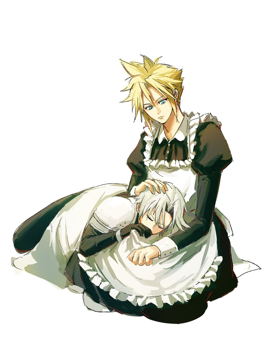 2boys aged_down alternate_costume apron armor back_bow black_dress black_gloves black_pants blonde_hair blue_eyes bow closed_eyes cloud_strife collared_dress crossdressing dress expressionless final_fantasy final_fantasy_vii final_fantasy_vii_ever_crisis frilled_apron frills gloves grey_hair hand_on_another's_head highres juliet_sleeves kneeling lap_pillow long_dress long_sleeves looking_down lying maid maid_apron male_focus multiple_boys pants pauldrons puffy_sleeves sephiroth short_hair shoulder_armor simple_background sleeve_cuffs spiked_hair under_covers white_apron white_background white_bow yaoi zeta_0513