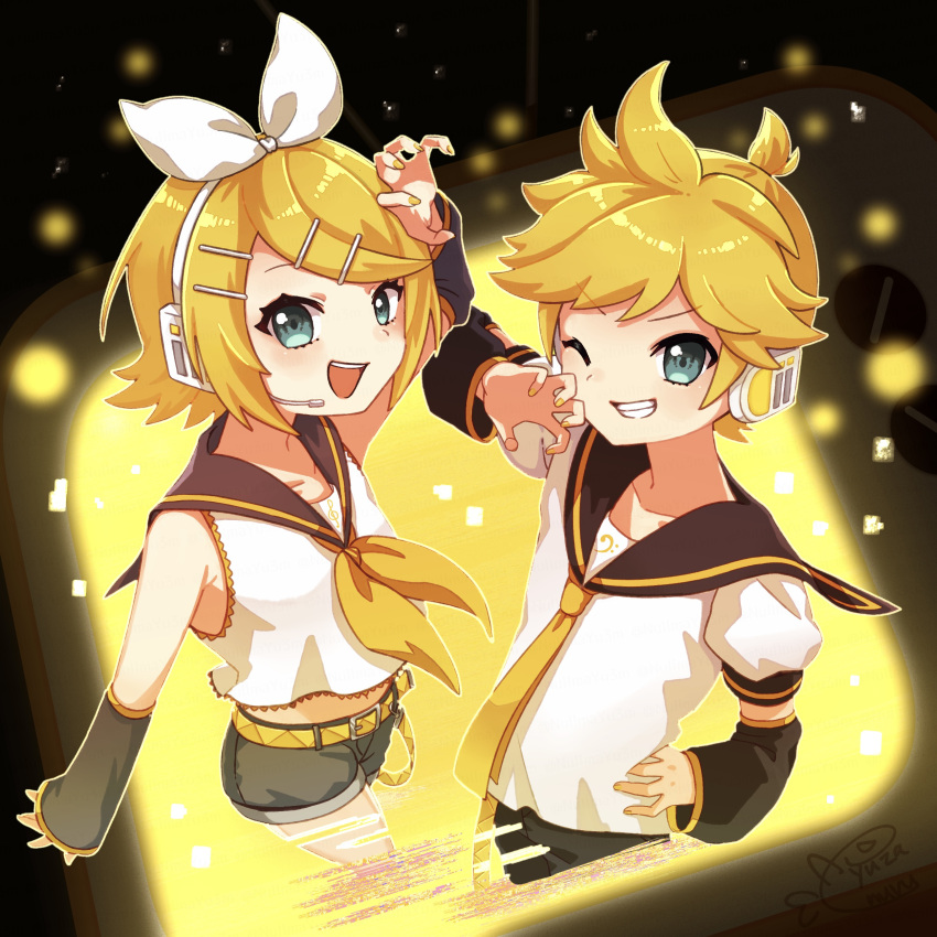 1boy 1girl absurdres artist_name belt black_background black_sailor_collar black_shorts black_sleeves blonde_hair blue_eyes bow detached_sleeves hair_bow hair_ornament hairclip hand_up headphones highres kagamine_len kagamine_rin microphone neckerchief necktie one_eye_closed open_mouth sailor_collar sassan_x shirt short_hair short_sleeves shorts signature static teeth television upper_teeth_only vocaloid white_bow white_shirt yellow_belt yellow_nails yellow_neckerchief yellow_necktie