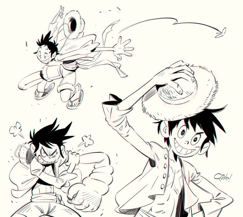 1boy angry artist_name black_hair commentary english_commentary full_body greyscale hat highres looking_at_viewer male_focus monkey_d._luffy monochrome one_piece quiko_art sandals scar scar_on_face short_hair simple_background smile straw_hat toon_(style) white_background