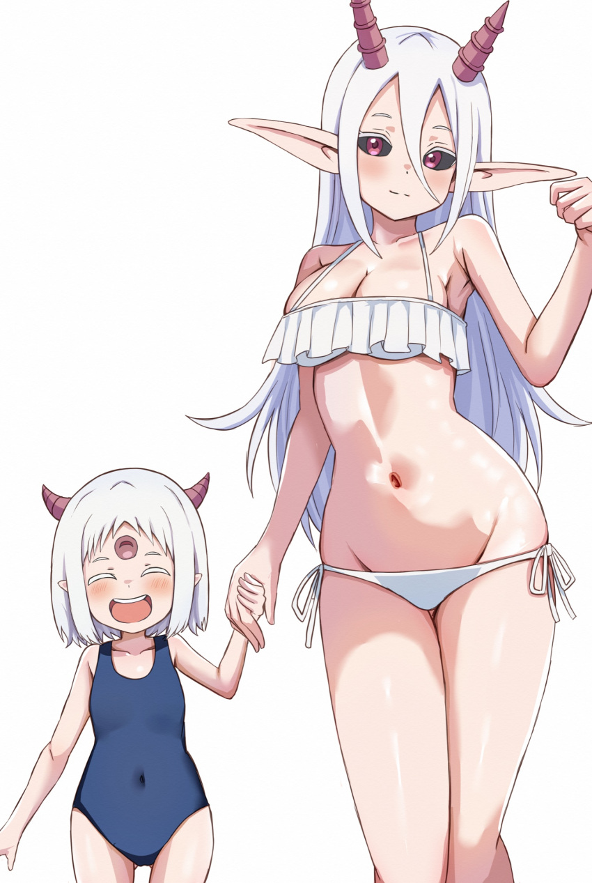 2girls armpits bikini black_sclera blue_one-piece_swimsuit blush breasts closed_eyes closed_mouth colored_sclera demon_girl demon_horns feet_out_of_frame forehead_jewel frilled_bikini frills groin hair_between_eyes highres hime-sama_"goumon"_no_jikan_desu holding_hands horns long_bangs long_hair looking_at_viewer lowleg lowleg_bikini lulune_(himesama_goumon) maomao_(himesama_goumon) medium_breasts mother_and_daughter multiple_girls navel nootomo one-piece_swimsuit open_mouth pointy_ears red_eyes shiny_skin short_hair simple_background skin_tight smile stomach swimsuit teeth upper_teeth_only white_background white_bikini white_hair