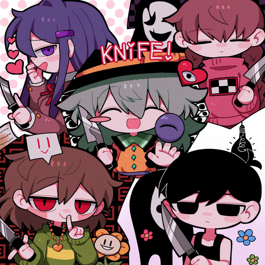 1boy 4girls absurdres black_hair black_hat blue_hair blush brown_hair chara_(undertale) chibi closed_eyes collar doki_doki_literature_club drooling english_text finger_to_mouth flowey_(undertale) frilled_collar frilled_sleeves frills green_hair highres holding holding_knife index_finger_raised knife komeiji_koishi light_bulb looking_ahead looking_at_viewer madotsuki mouth_drool multiple_girls omori open_mouth red_hair ribbon shirt smile third_eye touhou undertale w.d._gaster yellow_ribbon yellow_shirt yume_nikki yuri_(doki_doki_literature_club) zunusama