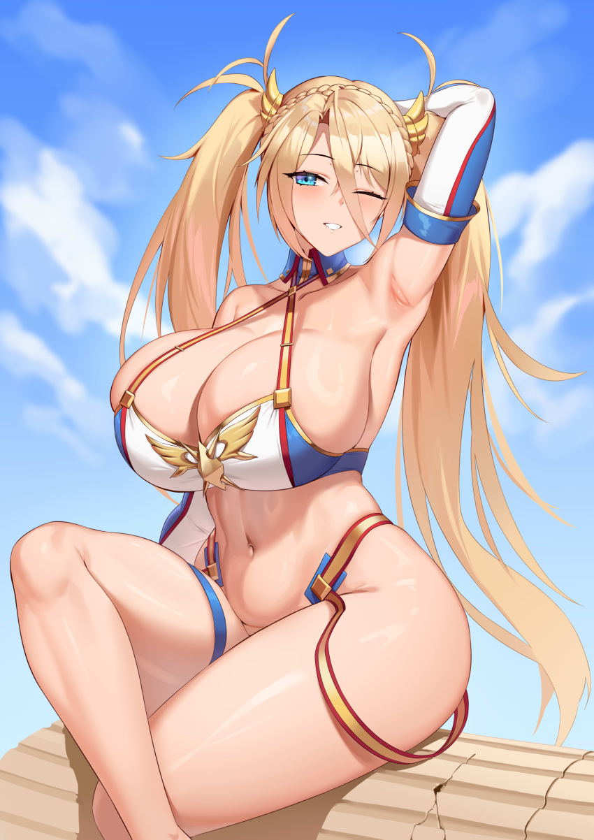 1girl absurdres arm_up bare_shoulders bikini blonde_hair blue_bikini blue_eyes blue_gloves blue_sky blush bradamante_(fate) bradamante_(third_ascension)_(fate) braid breasts cleavage crossed_bangs crown_braid curvy day elbow_gloves fate/grand_order fate_(series) gloves gold_trim hair_between_eyes highleg highleg_bikini highres huge_breasts jingb_dx long_hair looking_at_viewer navel one_eye_closed sitting sky smile solo stomach swimsuit thick_thighs thighs twintails two-tone_bikini two-tone_gloves very_long_hair white_bikini white_gloves wide_hips