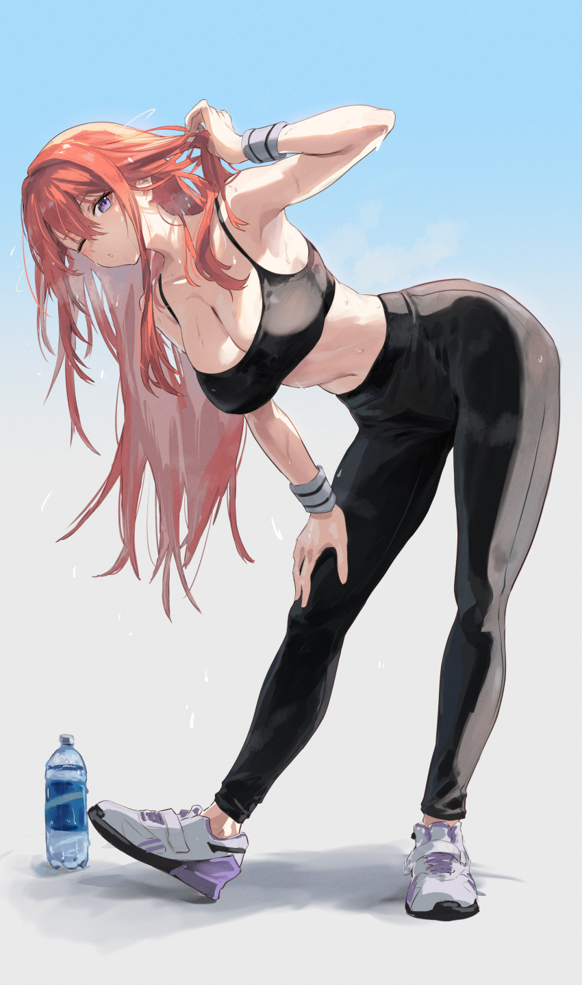 1girl absurdres bent_over black_pants black_sports_bra blush bottle breasts cleavage full_body gradient_background hair_between_eyes hand_on_own_knee highres holding holding_hair large_breasts long_hair looking_at_viewer midriff one_eye_closed original pants parted_lips plastic_bottle purple_eyes red_hair sakazuki_sudama shoes sneakers solo sports_bra standing steaming_body sweat sweatband teeth very_long_hair water_bottle white_footwear wristband yoga_pants