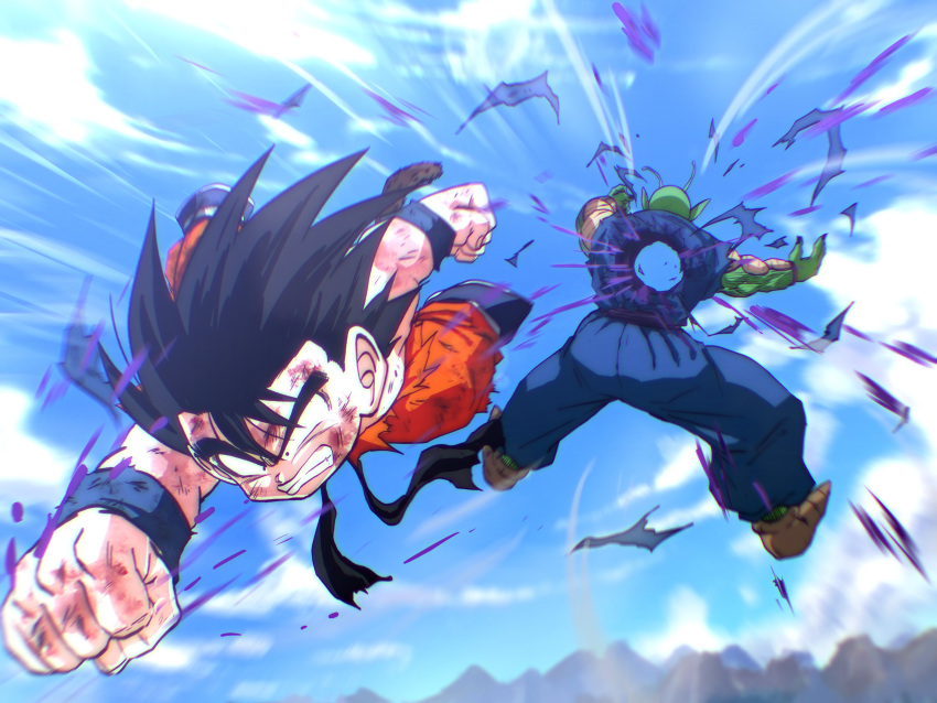 2boys absurdres antennae arm_up black_hair blue_pants blue_shirt brown_footwear clenched_hand clenched_teeth cloud colored_skin dougi dragon_ball dragon_ball_(classic) flying green_skin highres hole_in_chest hole_on_body midair monkey_tail multiple_boys namekian orange_pants pants parted_lips piccolo_daimaou pointy_ears scene_reference shirt sky son_goku speed_lines spiked_hair stmt_tmtk tail teeth torn_clothes
