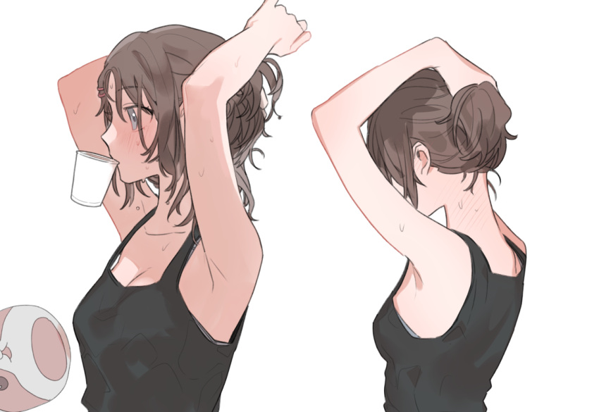 1girl arms_up bang_dream! bare_arms black_tank_top blush breasts brown_hair cleavage commentary_request cup disposable_cup fresa_pie grey_eyes hair_bun hair_ornament hairclip medium_breasts medium_hair neck_blush okusawa_misaki simple_background solo sweat tank_top tying_hair upper_body white_background