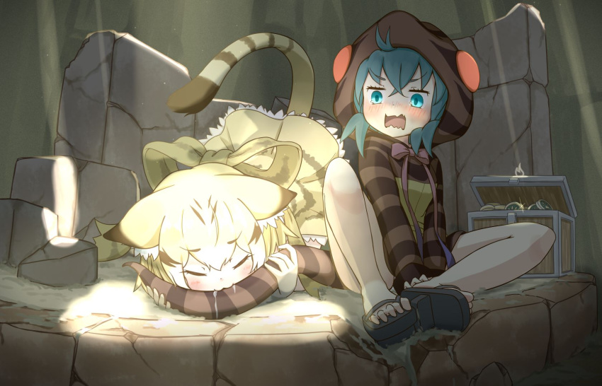 2girls :3 animal_ears back_bow bare_legs biting_another's_tail blonde_hair blue_eyes blue_hair blush bow brown_hair cat_ears cat_girl cat_tail closed_eyes ears_down frilled_skirt frills geta gloves hair_between_eyes high-waist_skirt highres hood hood_up hoodie japari_coin kemono_friends kemono_friends_3 light_rays long_sleeves looking_at_another multicolored_hair multiple_girls onefiresticks print_hoodie print_skirt saliva sand_cat_(kemono_friends) sand_cat_print short_hair sidelocks sitting skirt snake_girl snake_print snake_tail surprised tail tengu-geta treasure_chest tsuchinoko_(kemono_friends) wavy_mouth white_gloves white_hair