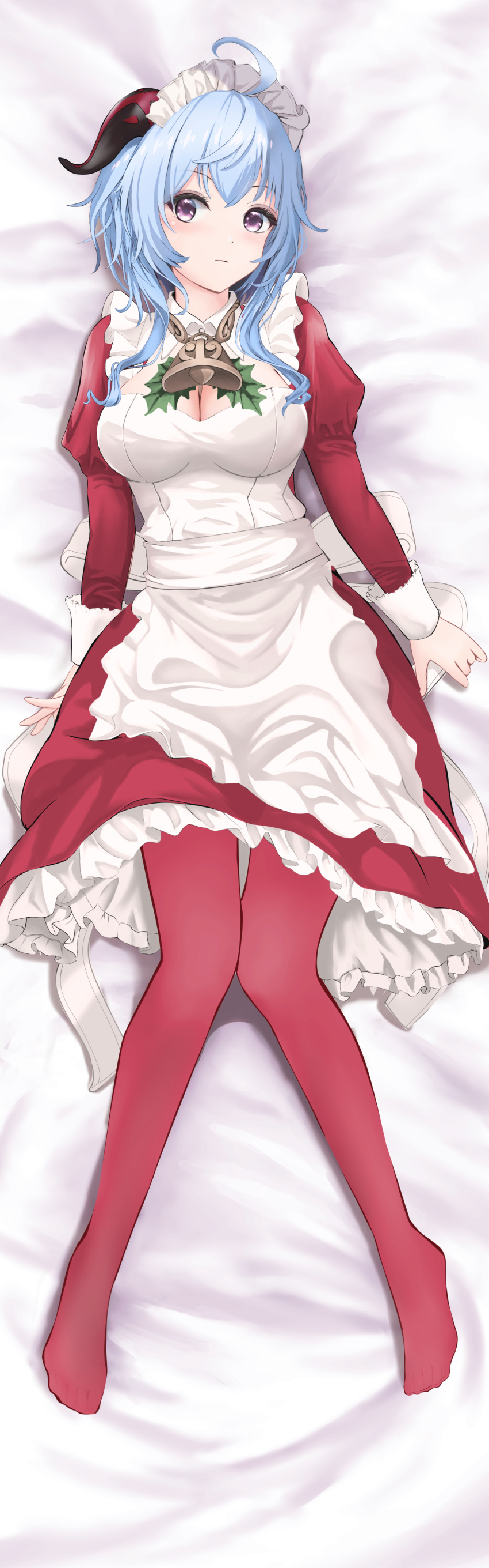 1girl 2021 absurdres ahoge alternate_costume apron arms_at_sides bed_sheet bell blue_hair breasts christmas cleavage closed_mouth commentary_request cowbell curled_horns dakimakura_(medium) dated_commentary dress enmaided feet frilled_apron frilled_dress frills full_body ganyu_(genshin_impact) genshin_impact gibun_(sozoshu) goat_horns grey_dress highres horns juliet_sleeves knees_together_feet_apart large_breasts legs long_hair long_sleeves looking_at_viewer lying maid maid_apron maid_headdress mistletoe neck_bell no_shoes on_back on_bed pantyhose puffy_sleeves purple_eyes red_dress red_pantyhose solo toes white_apron