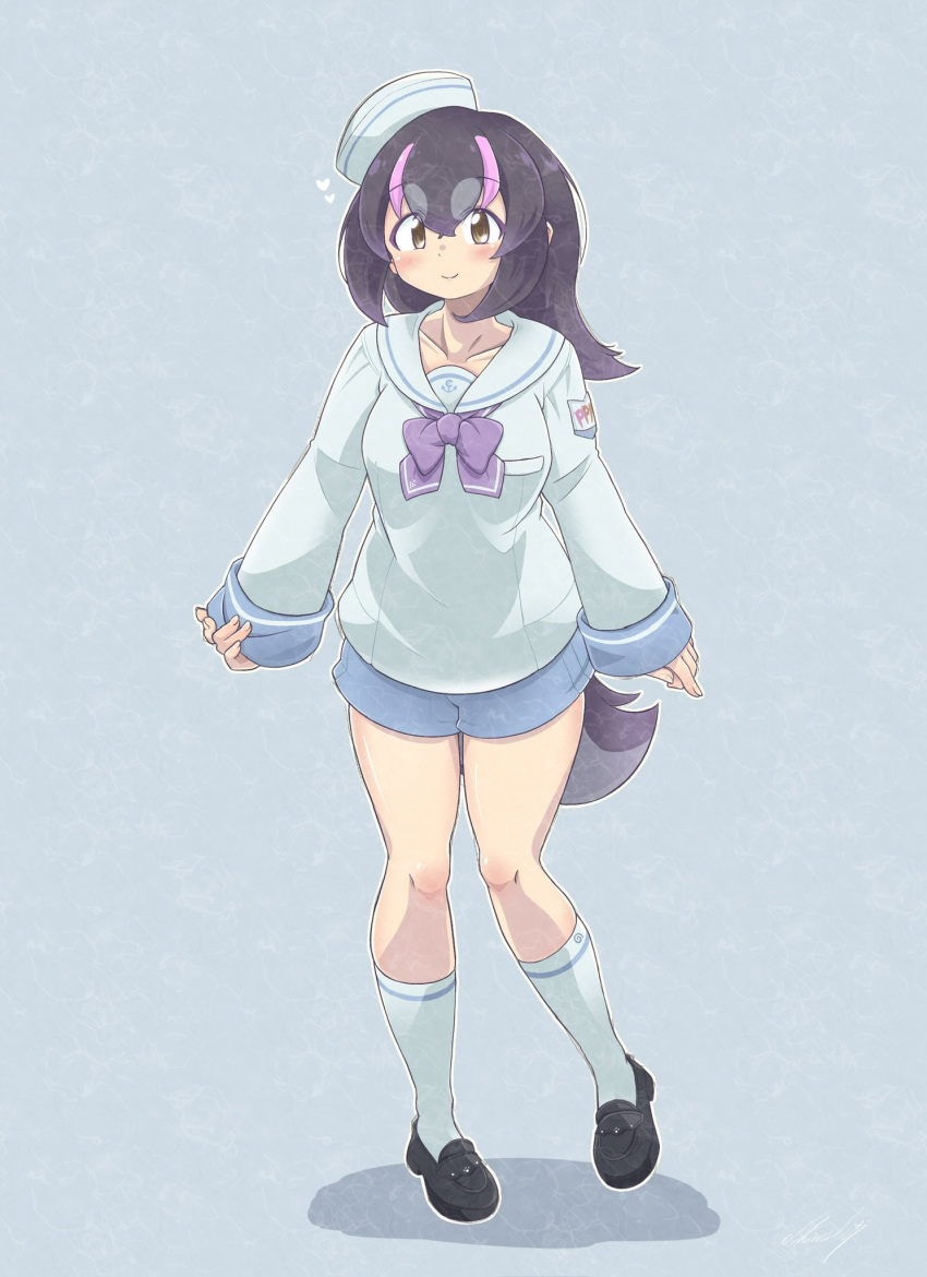 1girl black_hair blue_background bow bowtie cherushi_2 dress full_body hat highres humboldt_penguin_(kemono_friends) kemono_friends long_hair looking_at_viewer multicolored_hair penguin_girl penguin_tail purple_hair sailor_collar sailor_dress shoes shorts simple_background socks solo tail two-tone_hair yellow_eyes