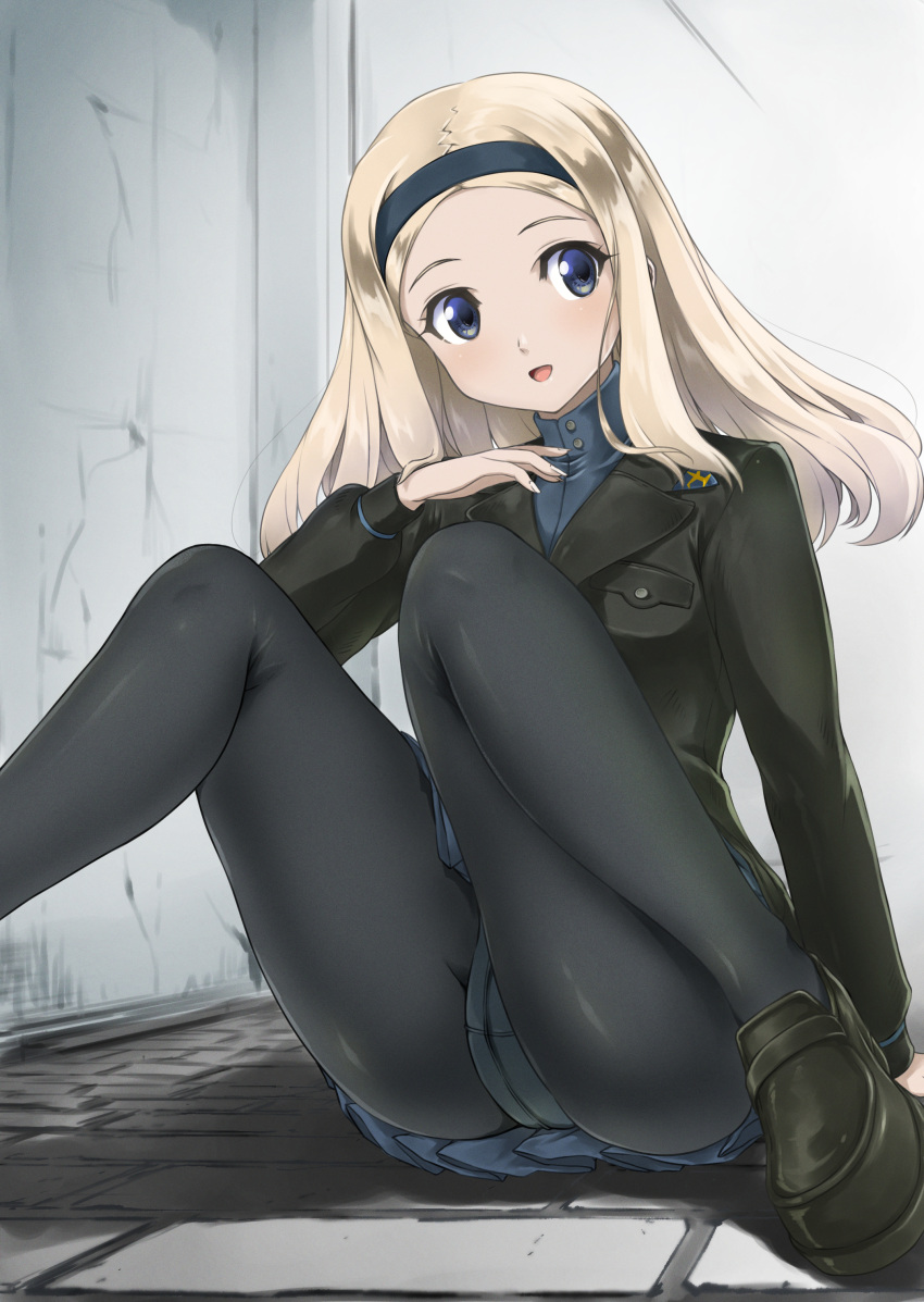 1girl absurdres aleksandra_i._pokryshkin ass black_pantyhose blonde_hair blue_eyes blush brave_witches crotch hairband highres long_hair memory_(prophet5) military_uniform on_floor open_mouth panties panties_under_pantyhose pantyhose solo underwear uniform white_panties world_witches_series