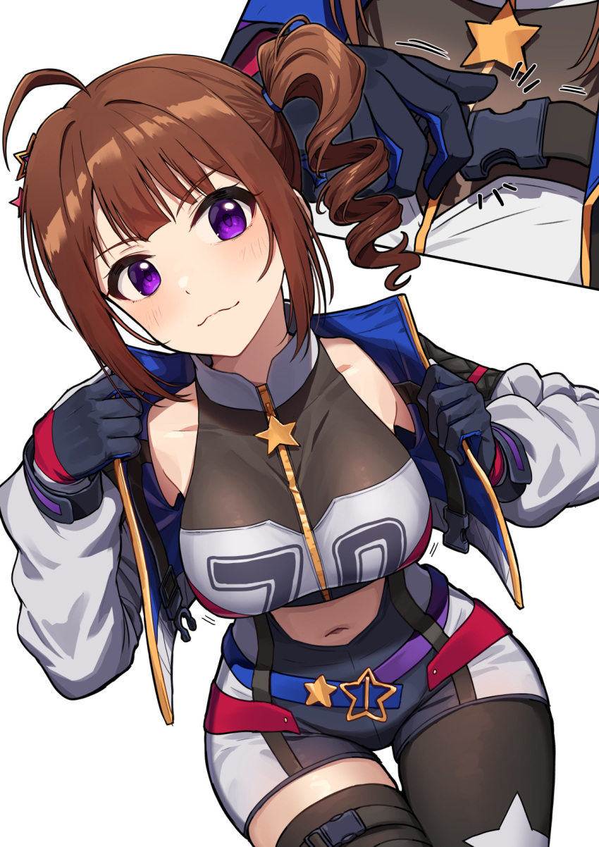 1girl ahoge blunt_bangs blush breasts brown_hair closed_mouth cowboy_shot drill_hair gloves hair_ornament highres idolmaster idolmaster_million_live! idolmaster_million_live!_theater_days jacket kamille_(vcx68) looking_at_viewer medium_breasts open_clothes open_jacket purple_eyes side_drill side_ponytail sidelocks smile solo white_background yokoyama_nao