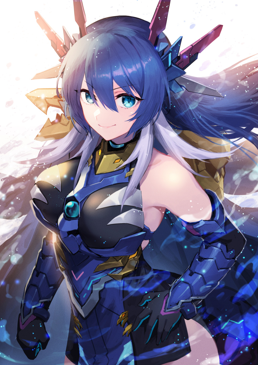 1girl absurdres bare_shoulders black_gloves blue_eyes blue_gloves blue_hair breasts collar dress duel_masters duel_masters_play's elbow_gloves gloves grey_hair hand_on_own_hip highres horns large_breasts mechanical_horns metal_collar multicolored_hair nakamura_eight q.e.d._(duel_masters) smile solo