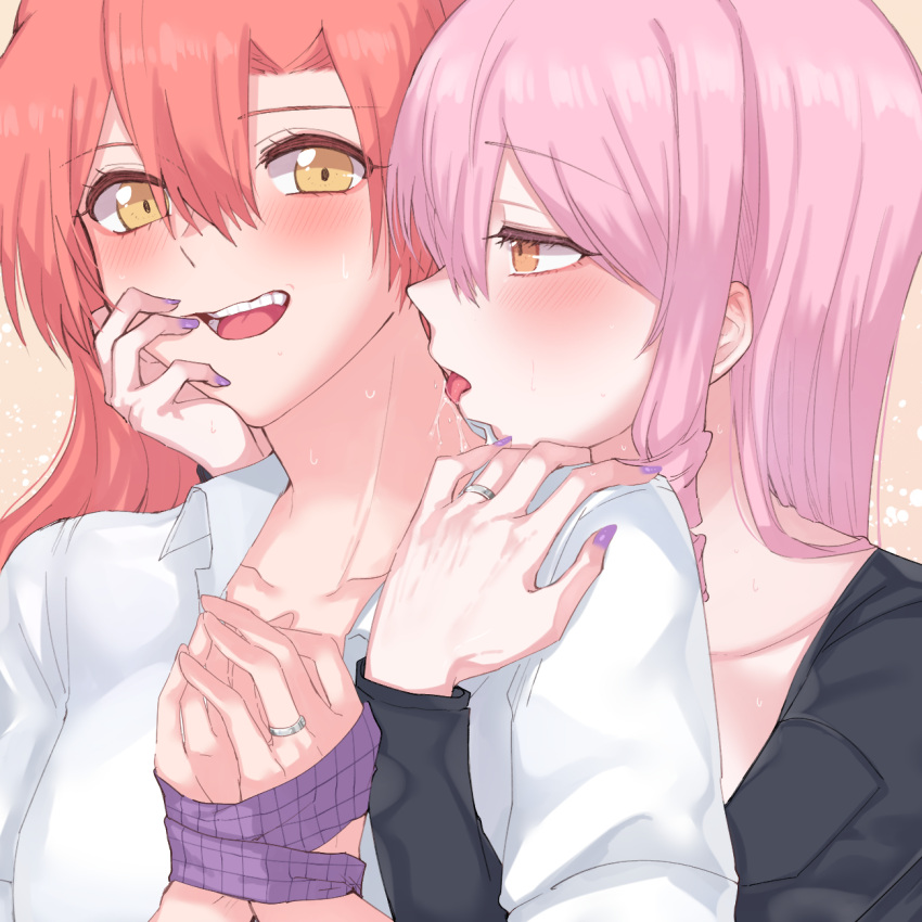 2girls aaaaddddd akuma_no_riddle black_shirt blush bound bound_wrists collared_shirt commentary drill_hair hand_on_another's_shoulder highres inukai_isuke jewelry licking licking_another's_neck long_hair long_sleeves looking_at_another multiple_girls open_mouth orange_eyes pink_hair purple_nails red_hair ring sagae_haruki shirt upper_body wedding_ring white_shirt wife_and_wife yellow_eyes yuri