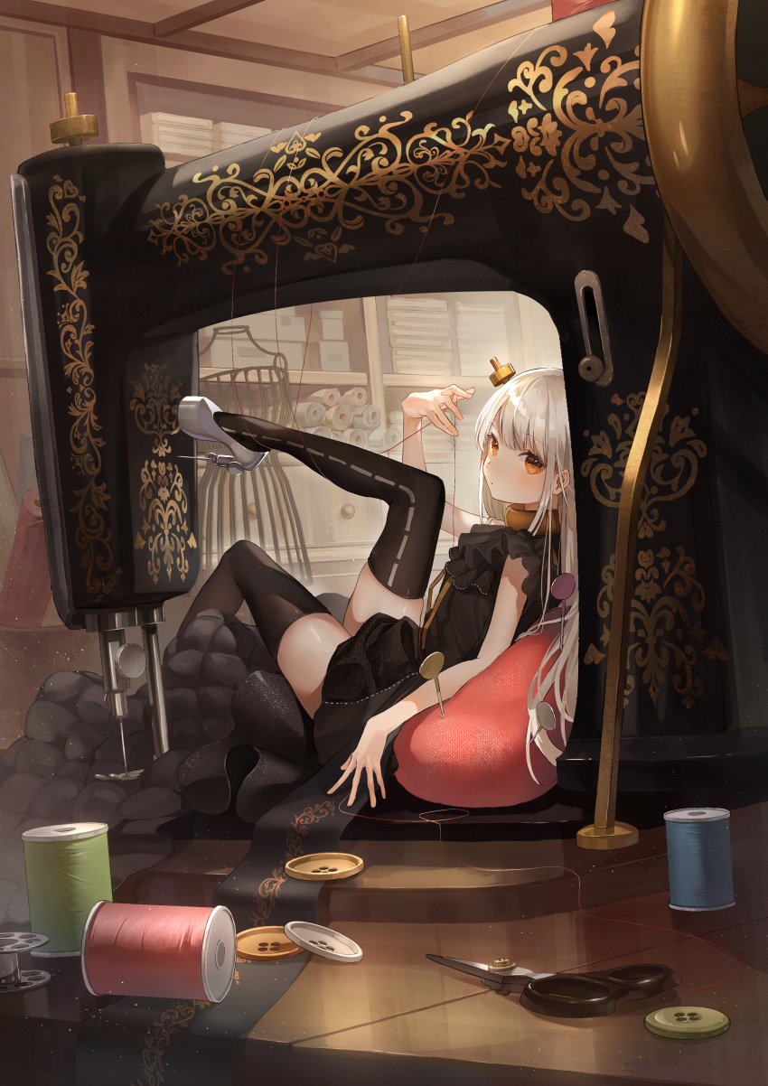 1girl absurdres black_dress black_thighhighs buttons commentary dress foot_out_of_frame from_side grey_hair high_heels highres ikaninaritai8 indoors knee_up long_hair mannequin mini_person minigirl needle orange_eyes original oversized_object pillow scissors sewing_machine sewing_needle sewing_pin shelf shiny_skin shoes sleeveless sleeveless_dress solo spool thighhighs