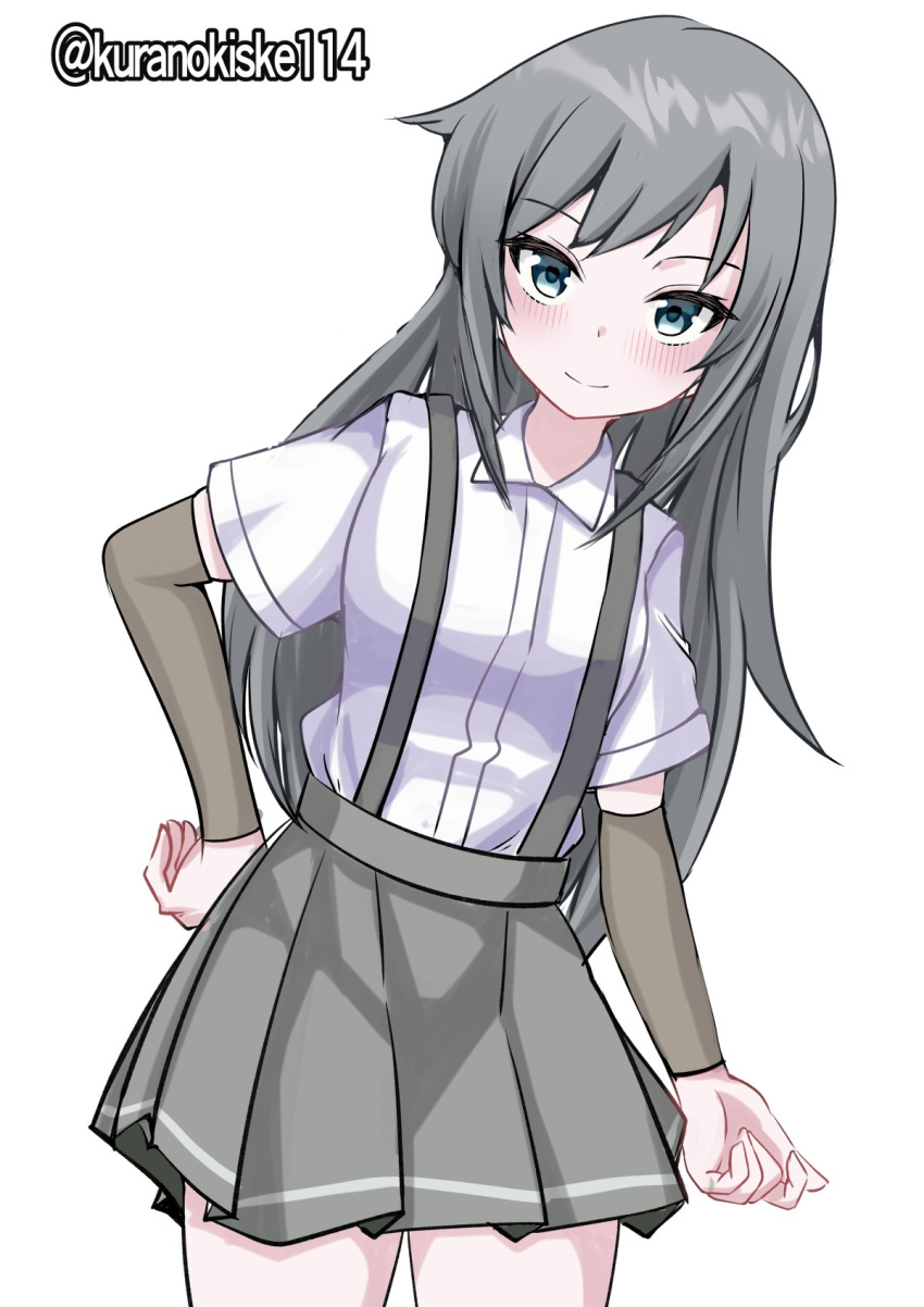 1girl arm_warmers asashio_(kancolle) black_hair blue_eyes blush breasts collared_shirt cowboy_shot highres kantai_collection kurano_kisuke long_hair looking_at_viewer pleated_skirt school_uniform shirt short_sleeves simple_background skirt small_breasts smile solo suspender_skirt suspenders twitter_username white_background white_shirt