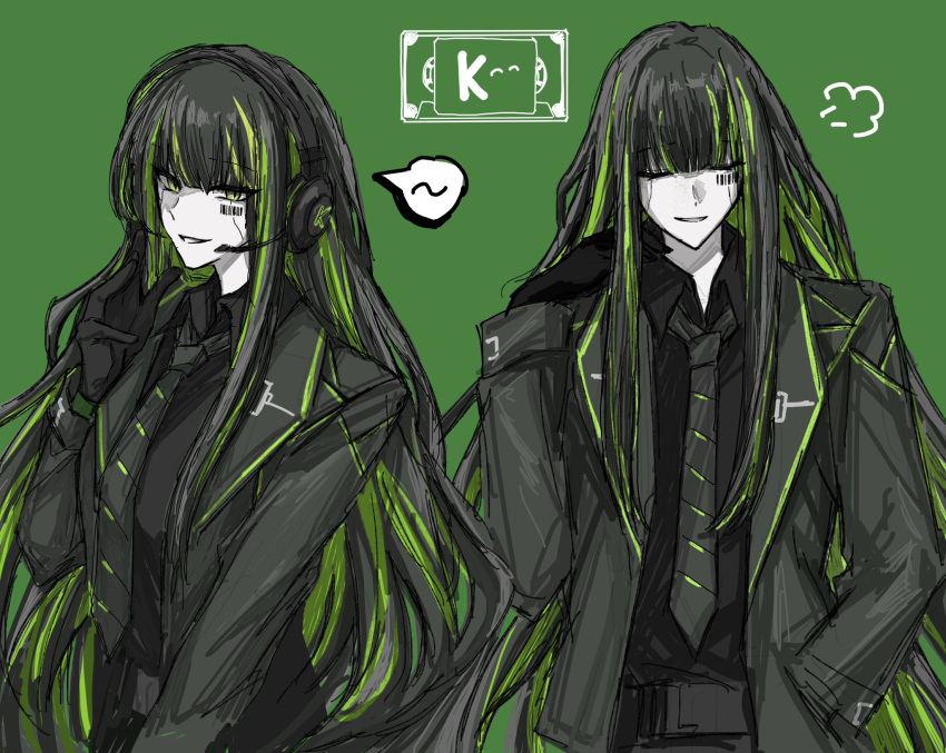 1girl alfonso_(project_moon) ashi_(dongshi389) barcode barcode_tattoo black_hair black_jacket black_necktie black_shirt collared_shirt green_eyes green_hair hand_up headphones headset highres jacket limbus_company long_hair looking_at_viewer microphone multicolored_hair multiple_views necktie parted_lips project_moon puff_of_air shirt smile speech_bubble streaked_hair tattoo very_long_hair