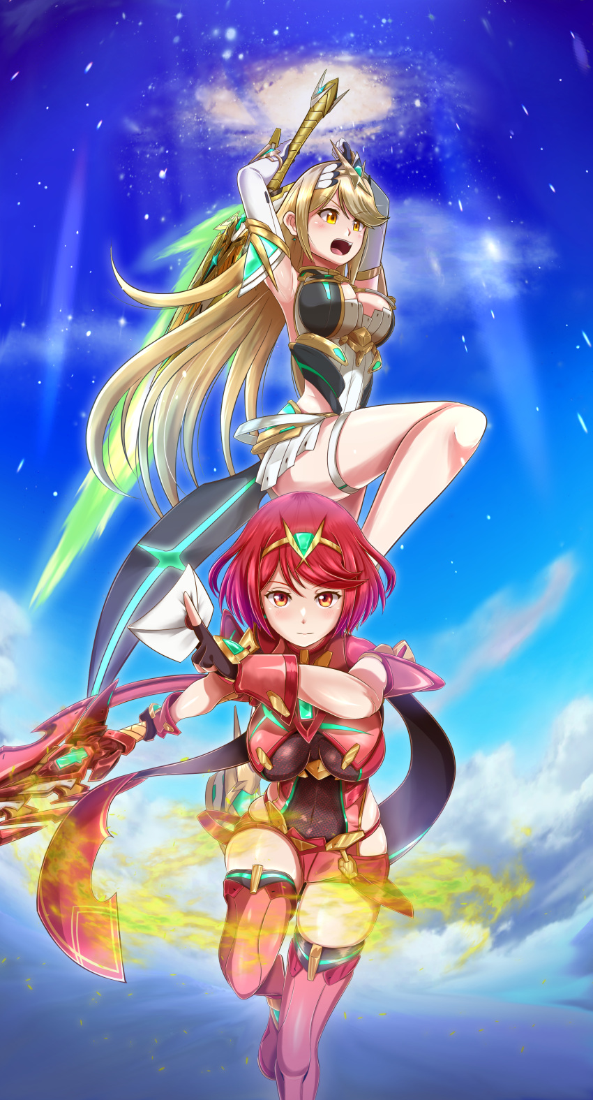 2girls absurdres aegis_sword_(xenoblade) backless_outfit bare_shoulders blonde_hair breasts cloud core_crystal_(xenoblade) covered_navel dress drop_earrings earrings fingerless_gloves gloves highres impossible_clothes jewelry large_breasts long_hair looking_at_viewer microdress multiple_girls mythra_(massive_melee)_(xenoblade) mythra_(xenoblade) open_mouth pyra_(xenoblade) red_eyes red_hair red_shorts samu_poteto short_hair short_shorts shorts skindentation sky smash_invitation super_smash_bros. swept_bangs thighhighs tiara very_long_hair white_dress white_gloves xenoblade_chronicles_(series) xenoblade_chronicles_2 yellow_eyes