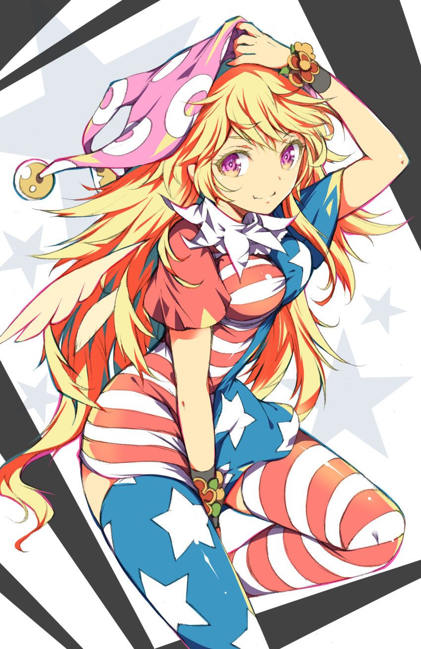 1girl absurdres american_flag_dress american_flag_legwear blonde_hair closed_mouth clownpiece commentary_request hat highres ichizen_(o_tori) jester_cap long_hair looking_at_viewer messy_hair neck_ruff pink_eyes pink_hat smile solo star_(symbol) star_print striped_clothes striped_thighhighs thighhighs touhou