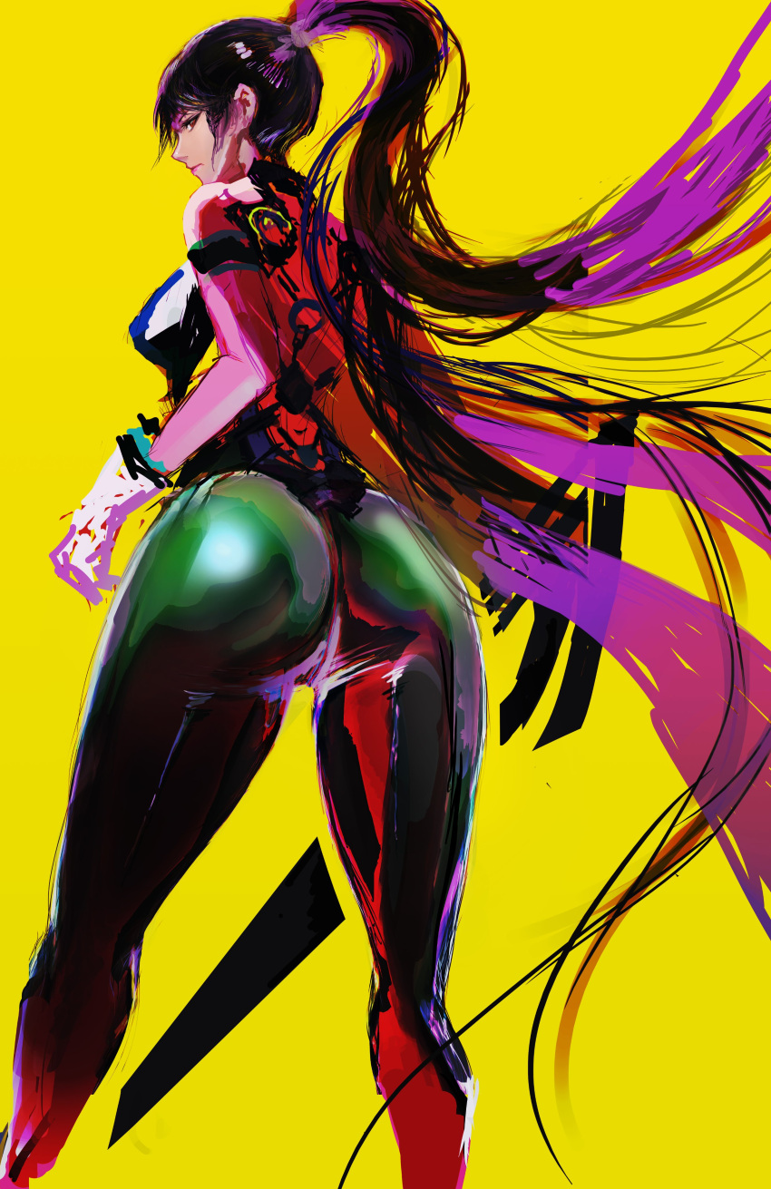 1girl absurdres ass black_hair blunt_bangs bodysuit breasts brown_eyes closed_mouth eve_(stellar_blade) from_behind gloves green_bodysuit highres kyel_hyde long_hair looking_at_viewer medium_breasts planet_diving_suit_(7th)_(stellar_blade) ponytail profile skin_tight solo stellar_blade tight_clothes very_long_hair white_gloves yellow_background