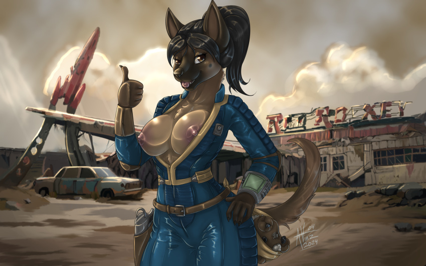 2024 anthro areola avinz belt bethesda_softworks big_breasts black_hair breasts brown_body brown_eyes brown_fur building canid canine canis car chest_tuft clothing domestic_dog fallout female fur gesture glistening glistening_breasts glistening_clothing glistening_hair gloves hair hand_gesture hand_on_hip handwear herding_dog looking_at_viewer malinois_dog mammal microsoft nipple_slip nipples outside pastoral_dog pip-boy ponytail sheepdog solo thumbs_up tongue tuft vault_suit vehicle wardrobe_malfunction