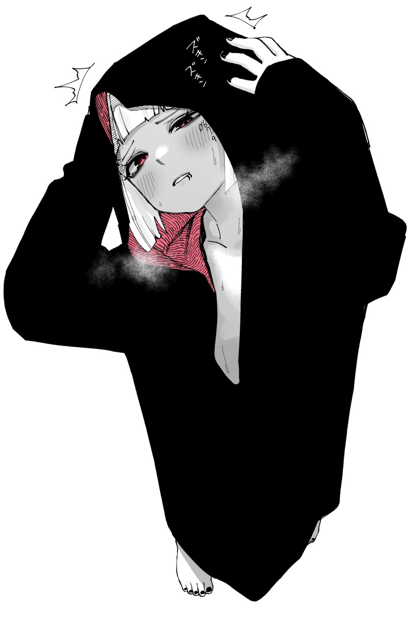 1girl absurdres barefoot blush flat_chest from_above full_body heavy_breathing highres hood hood_up hooded_coat looking_at_viewer monochrome original parted_lips pink_eyes short_hair solo spot_color sweat toes unthuku