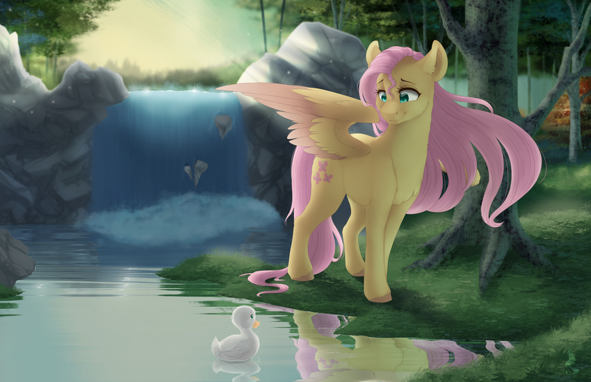 2017 absurd_res ambiguous_gender avian bird cutie_mark detailed_background duck equine feathered_wings feathers female feral fluttershy_(mlp) friendship_is_magic hair hi_res hooves long_hair mammal my_little_pony pegasus pink_hair silentwulv smile tree water waterfall wings