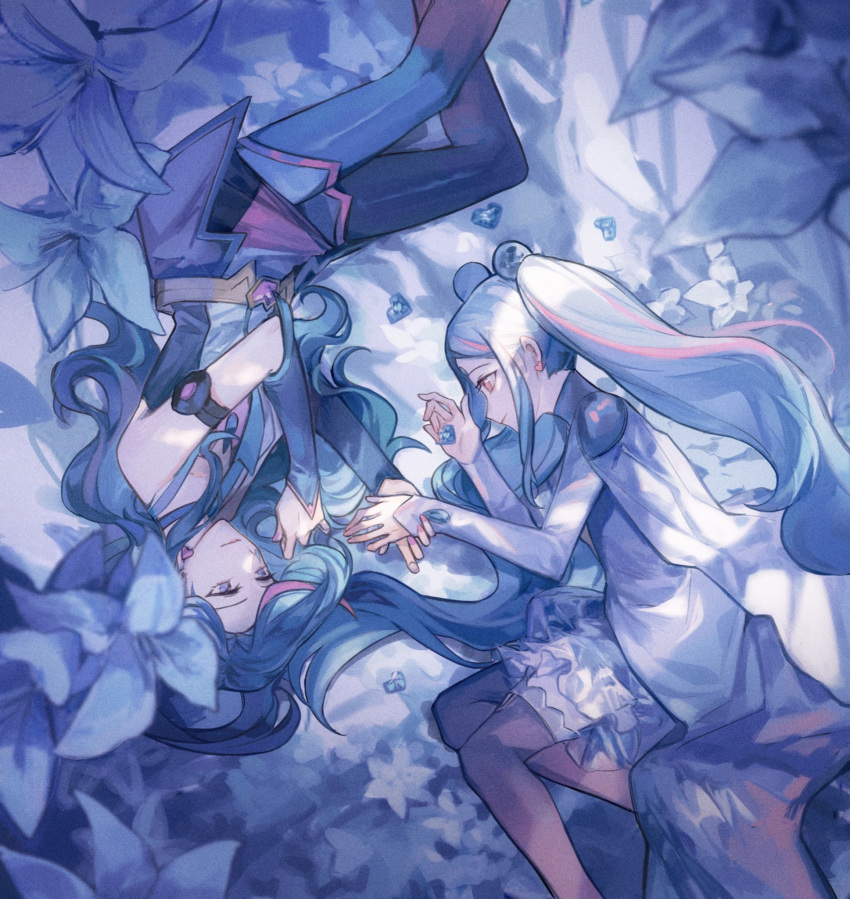 2girls aqua_(yu-gi-oh!_vrains) armlet bad_id bad_lofter_id belt belt_buckle black_thighhighs blue_dress blue_eyes blue_flower blue_hair blue_leggings blue_maiden blue_theme bubble_skirt buckle cape crystal dangle_earrings detached_sleeves dress earrings flower hair_ornament hands_up heart heart_earrings high_collar highres holding_hands jewelry leggings light_smile long_hair long_sleeves looking_at_another lying multicolored_hair multiple_girls naoki_(2rzmcaizerails6) on_side orb personification pink_hair rotational_symmetry skirt sleeveless sleeveless_dress streaked_hair teardrop_facial_mark thighhighs twintails very_long_hair white_cape yellow_eyes yu-gi-oh! yu-gi-oh!_vrains zaizen_aoi