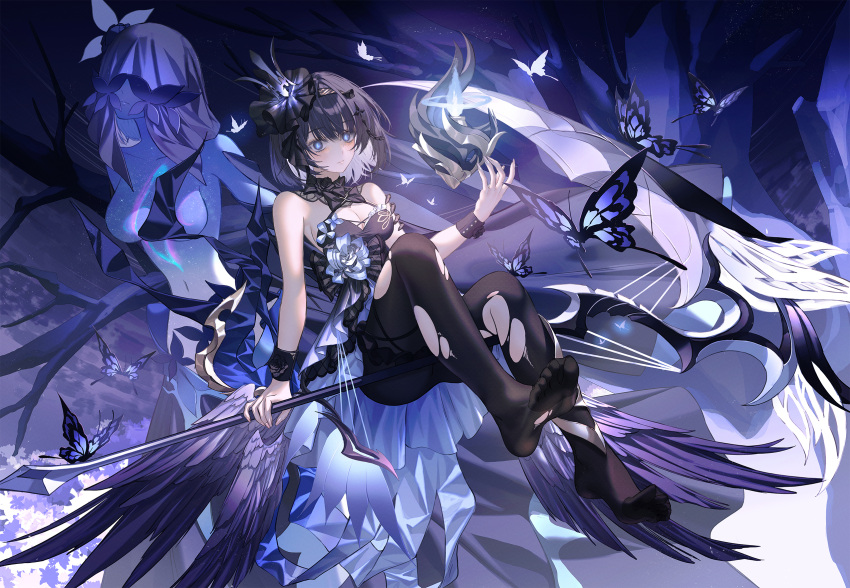1girl armpit_crease ass bare_shoulders black_bow black_flower black_hair black_hairband black_pantyhose black_rose black_wristband blue_eyes bow breasts bug butterfly cleavage closed_mouth covered_eyes criss-cross_halter flora_(honkai_impact) flower hair_ornament hairband halterneck highres holding holding_scythe holding_weapon honkai_(series) honkai_impact_3rd large_breasts light_blush looking_at_viewer medium_breasts midriff multicolored_hair navel neon_(pixiv_31150749) no_shoes pantyhose purple_veil rose scythe seele_vollerei seele_vollerei_(herrscher_of_rebirth) smile solo torn_clothes torn_pantyhose two-tone_hair weapon white_hair wristband