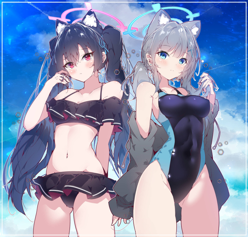 2girls animal_ear_fluff animal_ears ass_visible_through_thighs bare_arms bare_legs bare_shoulders bikini black_bikini black_hair black_one-piece_swimsuit blue_archive blue_eyes blue_halo blush breasts cat_ears closed_mouth commentary_request competition_swimsuit covered_navel cross cross_hair_ornament extra_ears frilled_bikini frills grey_hair grey_jacket hair_between_eyes hair_ornament halkawa501 halo hand_up highleg highleg_swimsuit highres inverted_cross jacket long_hair long_sleeves looking_at_viewer medium_breasts medium_hair mismatched_pupils multicolored_clothes multicolored_swimsuit multiple_girls navel official_alternate_costume official_alternate_hairstyle one-piece_swimsuit pink_halo ponytail red_eyes serika_(blue_archive) serika_(swimsuit)_(blue_archive) shiroko_(blue_archive) shiroko_(swimsuit)_(blue_archive) sidelocks small_breasts standing stomach swimsuit twintails two-tone_swimsuit wolf_ears