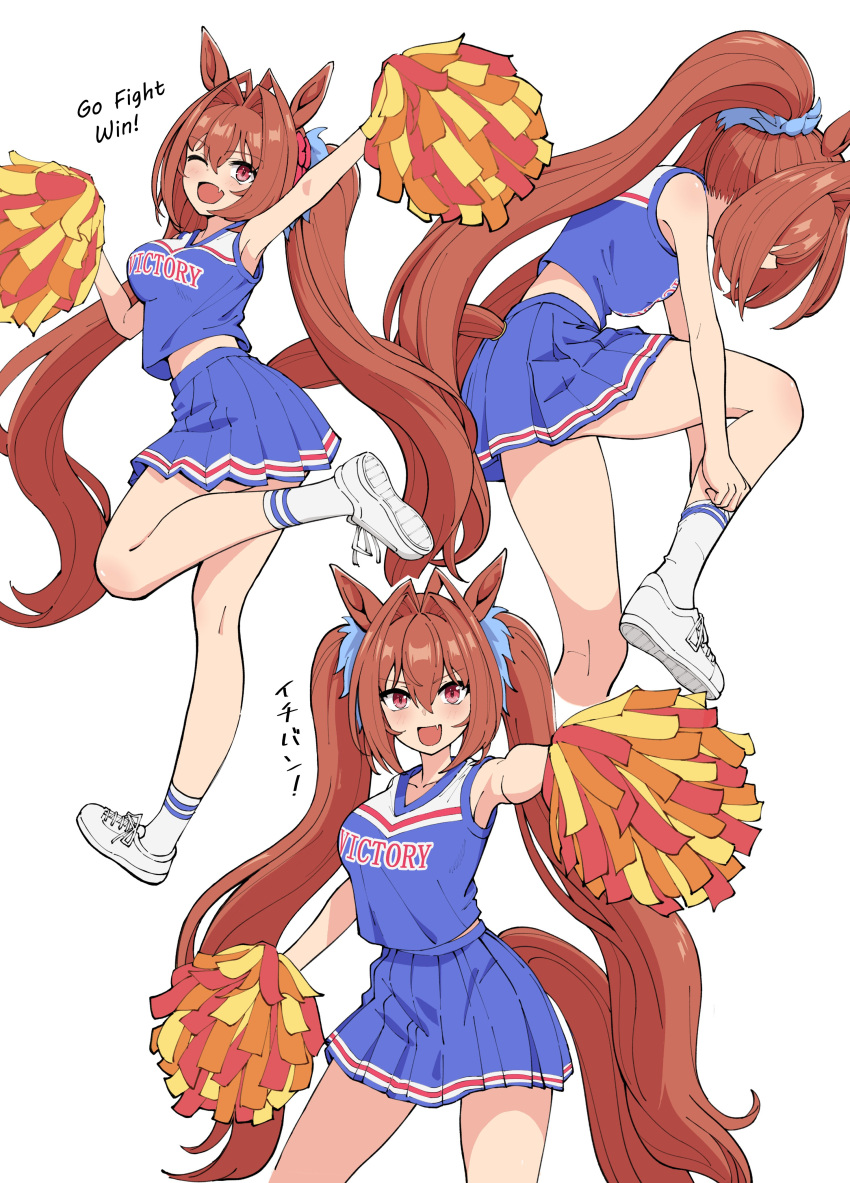 1girl absurdres animal_ears bare_shoulders blue_skirt blue_vest brown_hair daiwa_scarlet_(umamusume) fang highres holding holding_pom_poms horse_ears horse_girl horse_tail multiple_views open_mouth oxymoron_0213 pom_pom_(cheerleading) red_eyes skin_fang skirt smile socks tail tiara twintails umamusume vest white_socks