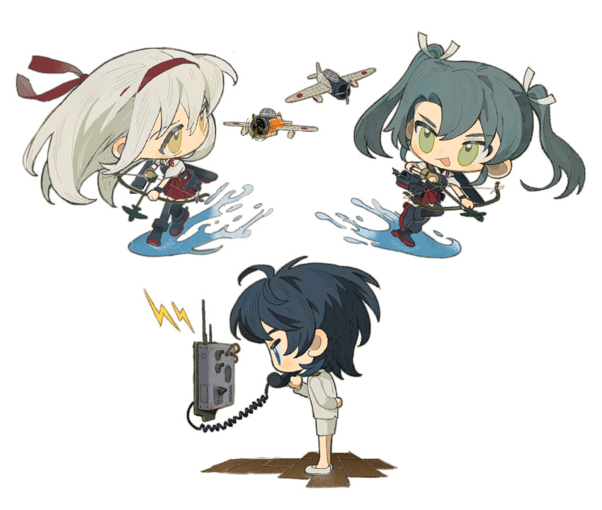 3girls aircraft arm_behind_back black_hair black_thighhighs blue_eyes blue_hair bow_(weapon) chibi female_admiral_(kancolle) gloves green_eyes hair_ribbon hakama hakama_skirt headband highres holding holding_phone holding_weapon hoshi_(liujingxing333) jacket japanese_clothes kantai_collection long_hair multiple_girls muneate open_mouth partially_fingerless_gloves phone red_hakama red_headband ribbon shoukaku_(kancolle) skirt standing thighhighs twintails water weapon white_hair white_skirt yellow_eyes yugake zuikaku_(kancolle)