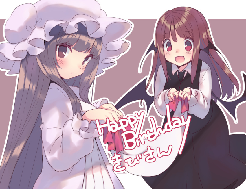 2girls black_skirt black_vest black_wings breasts bun_cover closed_mouth commentary_request cowboy_shot demon_wings double_bun dress feet_out_of_frame frilled_hat frilled_sleeves frills gift_art hair_bun happy_birthday hat holding_banner koakuma light_brown_hair light_frown long_hair long_skirt long_sleeves mob_cap multiple_girls multiple_wings outline patchouli_knowledge pleated_dress pleated_skirt puffy_long_sleeves puffy_sleeves purple_hair purple_hat purple_robe purple_sleeves red_background red_eyes red_hair robe sidelocks simple_background skirt straight_hair touhou usamata very_long_hair vest white_dress white_outline wings