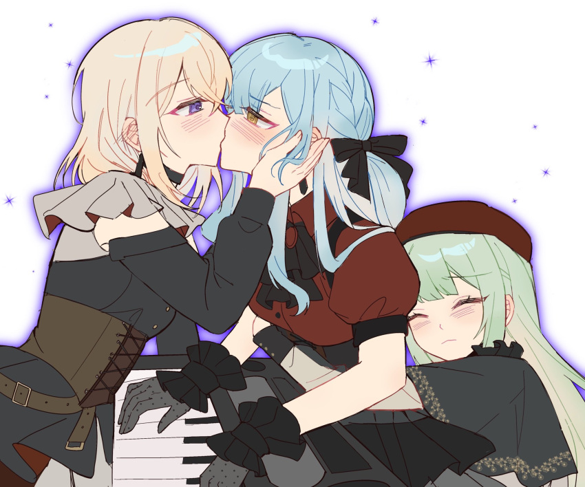 3girls artist_request ascot bang_dream! bang_dream!_it's_mygo!!!!! black_ascot black_dress black_gloves black_ribbon blonde_hair blue_hair blush chinese_commentary closed_eyes closed_mouth clothing_cutout collared_shirt commentary_request commission dress girl_sandwich gloves green_hair hair_ribbon hand_on_another's_face hat highres hug hug_from_behind instrument keyboard_(instrument) kiss long_hair medium_hair misumi_uika multiple_girls purple_eyes purple_outline red_hat red_shirt ribbon sandwiched second-party_source shirt short_sleeves shoulder_cutout simple_background togawa_sakiko waist_hug wakaba_mutsumi white_background yellow_eyes yuri