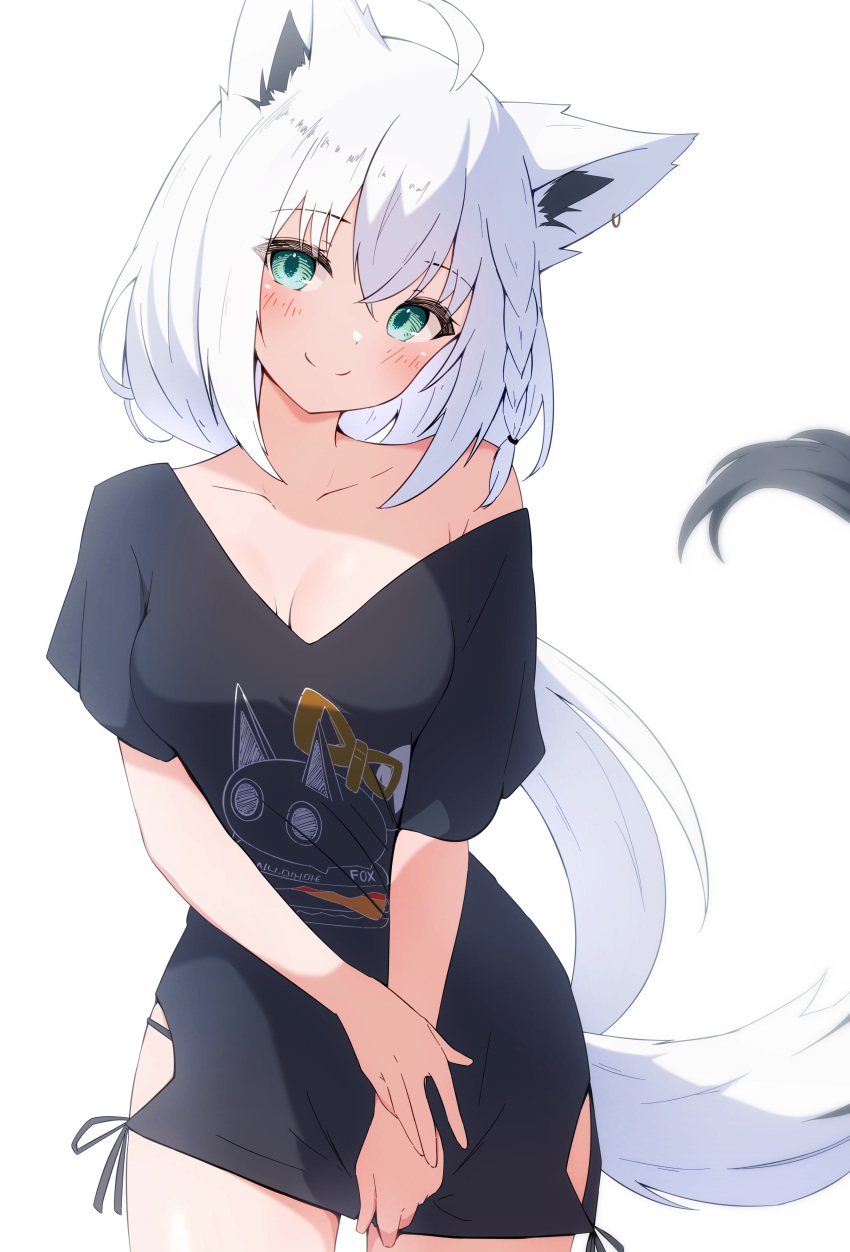 1girl absurdres ahoge animal_ear_fluff animal_ears animal_print aqua_eyes black_panties black_shirt blush braid breasts cleavage fox_ears fox_girl fox_tail highres hololive long_hair looking_at_viewer medium_breasts off_shoulder panties sen_(sen42724788) shirakami_fubuki shirakami_fubuki_(loungewear) shirt simple_background single_braid smile solo tail underwear virtual_youtuber white_background white_hair