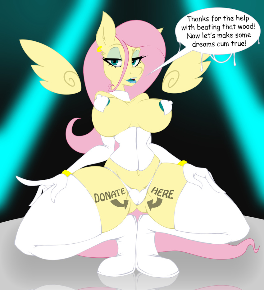 2017 anthro anthrofied areola bedroom_eyes boots breasts camel_toe clothing collar corset dialogue dripping elbow_gloves english_text equine eyeshadow female fluttershy_(mlp) footwear friendship_is_magic gloves gold_(metal) hair half-closed_eyes kneeling legwear lingerie lipstick makeup mammal my_little_pony pasties pegasus piercing pink_hair seductive solo stockings text titty_vixen_(character) wings
