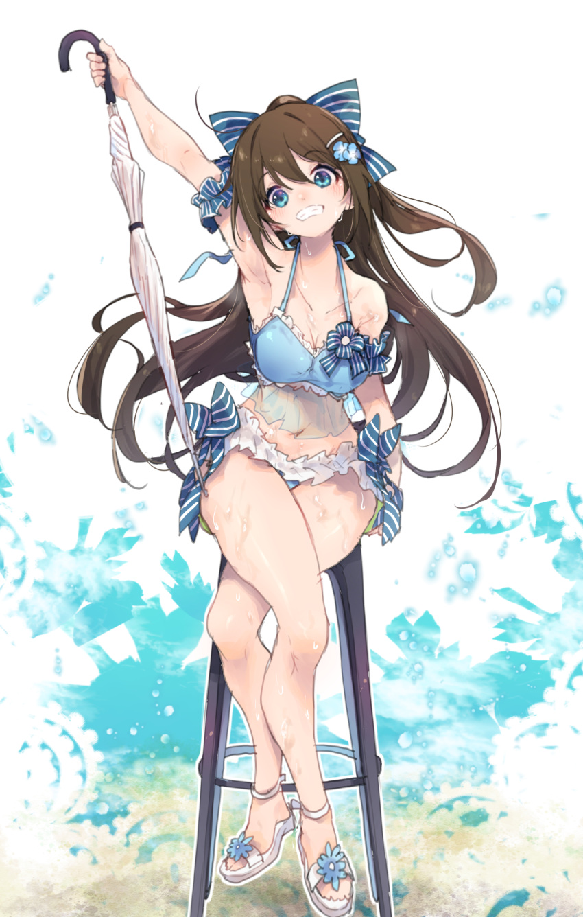 1girl absurdres arm_up bar_stool bikini blue_bikini blue_bow blue_eyes bow breasts brown_hair cleavage closed_umbrella collarbone commentary_request frilled_bikini frills full_body grin hair_between_eyes hair_bow half_updo hamayumiba_sou highres holding holding_umbrella large_breasts long_hair love_live! love_live!_nijigasaki_high_school_idol_club navel odaiba_beach_girl_(love_live!) official_alternate_costume on_stool osaka_shizuku outline ponytail sidelocks sitting smile solo stomach stool striped_bow swimsuit umbrella white_background white_footwear white_outline white_umbrella