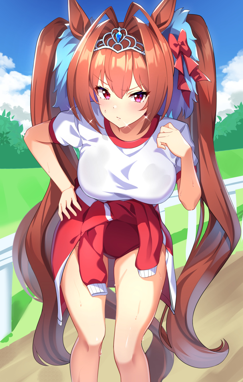 1girl absurdres animal_ears breasts brown_hair buruma clothes_around_waist daiwa_scarlet_(umamusume) gym_shirt hair_intakes highres horse_ears horse_girl horse_tail jacket jacket_around_waist large_breasts long_hair looking_at_viewer purple_eyes red_buruma red_jacket red_track_suit shirt short_sleeves solo sunny_(20597521) tail tiara tracen_training_uniform track_jacket twintails umamusume very_long_hair white_shirt