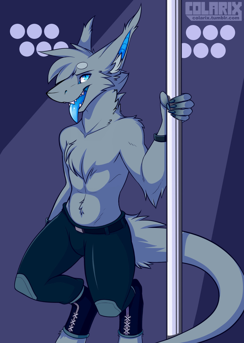 2016 anthro blue_eyes blue_tongue clothed clothing colarix dragon fur furgonomics furred_dragon grey_fur hi_res joona_(colarix) looking_at_viewer male pants pole simple_background smile solo standing stripper_pole tongue topless watermark