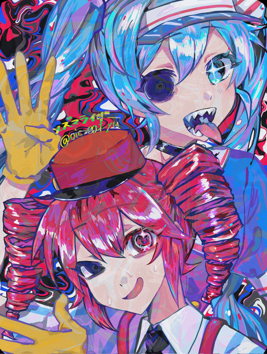 2girls abstract_background black_necktie blue_eyes blue_hair collared_shirt gloves hat hatsune_miku highres kasane_teto long_hair looking_at_viewer mesmerizer_(vocaloid) multiple_girls necktie oic_eat_yu open_mouth pink_eyes pink_hair portrait red_hat sharp_teeth shirt sidelocks single_empty_eye smile teeth twintails upper_body utau very_long_hair visor_cap vocaloid white_shirt yellow_gloves